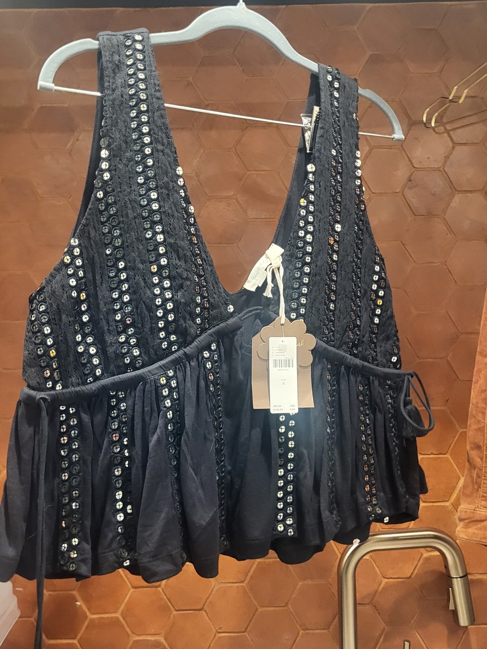 Black Mirrir Beaded V-Neck Flowy Tank